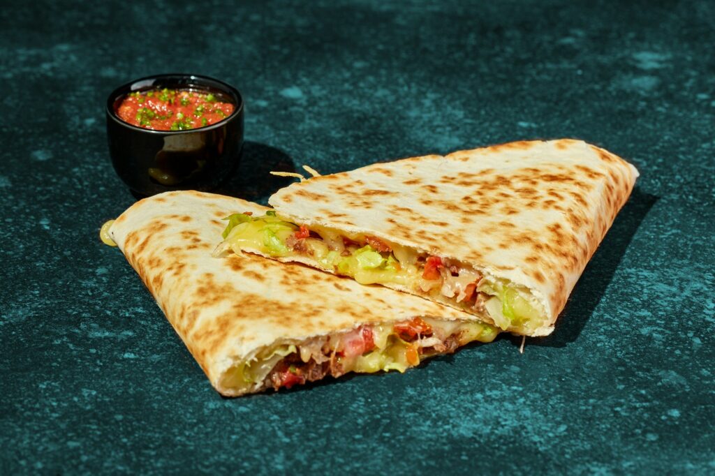 Quesadilla with chicken, cheese, vegetables and herbs and sauce