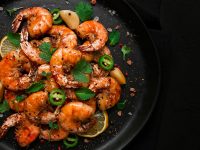 Fried shrimp, headless, with spices, grilled, homemade, no people,