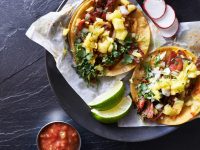 two mexican street tacos close up shot from above